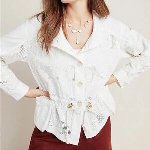 Anthropologie-NWT Ivory Floral Eyelet Lace Drawstring no Longsleeve Zipup Jacket